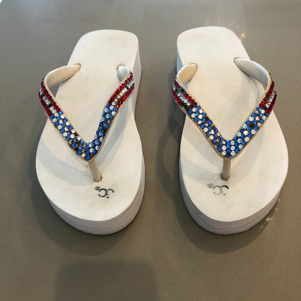 Jimmy Crystal Patriotic Wedge Flip Flops Size 8